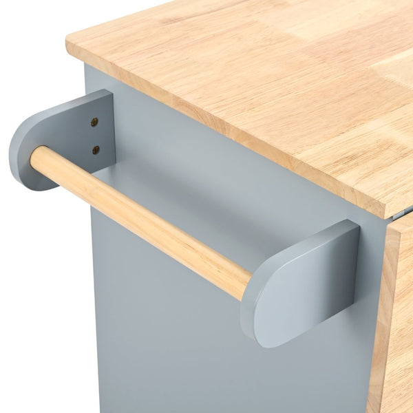 English Elm Kitchen Island Cart with Drop Leaf Power Outlet Rubberwood Top Wine Rack Rolling Blue WF305556AAG