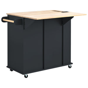 English Elm Kitchen Island Cart with Drop Leaf Power Outlet Rubberwood Top Wine Rack Rolling Black WF305556AAB