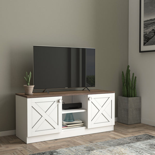 English Elm Costal Wood Base 2 Cupboards Vintage TV Stand White – Rustic Coastal Storage Console 59" Long Durable Wood Design B029119349