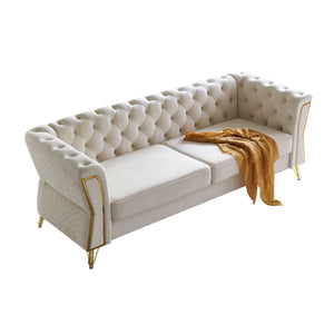 English Elm Modern Tufted Velvet Sofa with Gold Accent Frame and Diamond-Seam Arms, Plush Mid-Century Lounge Elegance Beige W579107798