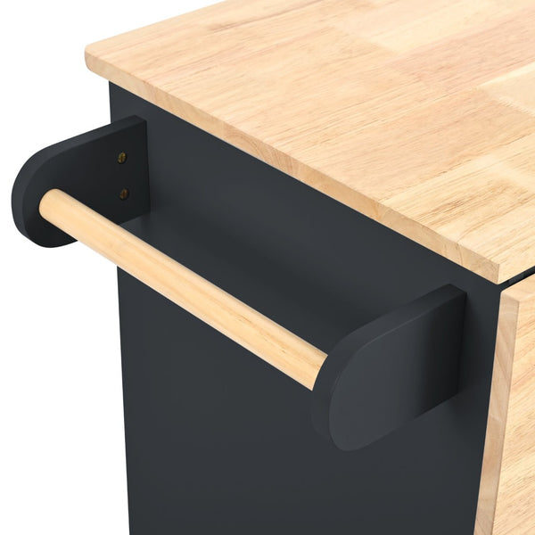 English Elm Kitchen Island Cart with Drop Leaf Power Outlet Rubberwood Top Wine Rack Rolling Black WF305556AAB