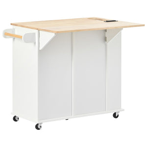 English Elm Kitchen Island Cart with Drop Leaf Power Outlet Rubberwood Top Wine Rack Rolling White WF305556AAW