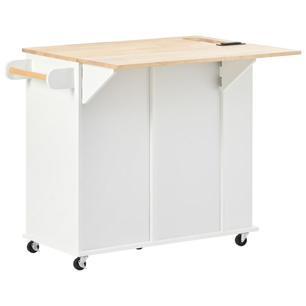 English Elm Kitchen Island Cart with Drop Leaf Power Outlet Rubberwood Top Wine Rack Rolling White WF305556AAW