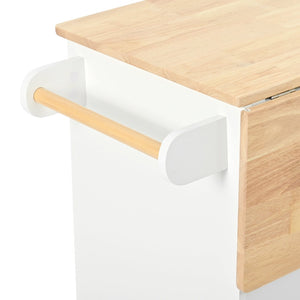 English Elm Kitchen Island Cart with Drop Leaf Power Outlet Rubberwood Top Wine Rack Rolling White WF305556AAW
