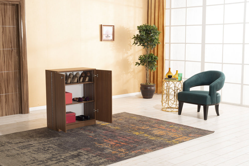 English Elm Origamy 3 Tier Shoe Storage Rack with Sturdy Wood Frame, Compact 27x36x10 Design for Organized Entryway Walnut B029119354