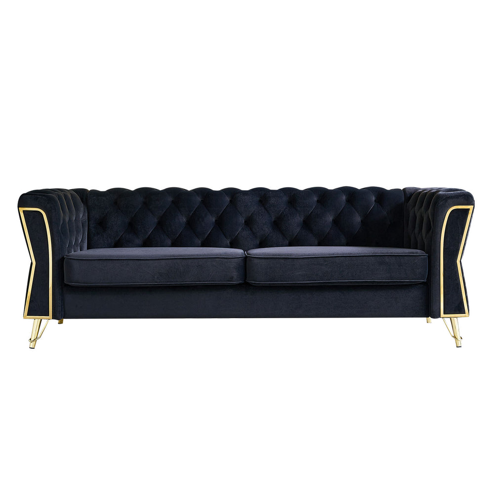 English Elm Modern Tufted Velvet Sofa with Gold Accent Frame and Diamond-Seam Arms, Plush Mid-Century Lounge Elegance Black W579107799