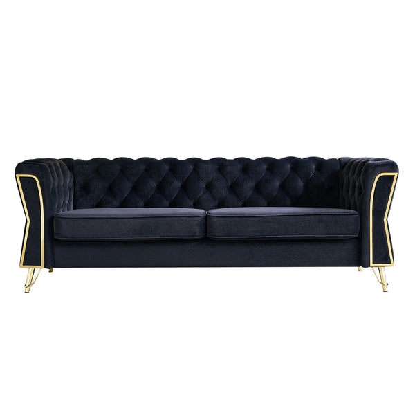 English Elm Modern Tufted Velvet Sofa with Gold Accent Frame and Diamond-Seam Arms, Plush Mid-Century Lounge Elegance Black W579107799