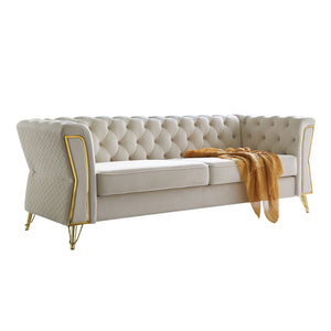 English Elm Modern Tufted Velvet Sofa with Gold Accent Frame and Diamond-Seam Arms, Plush Mid-Century Lounge Elegance Beige W579107798
