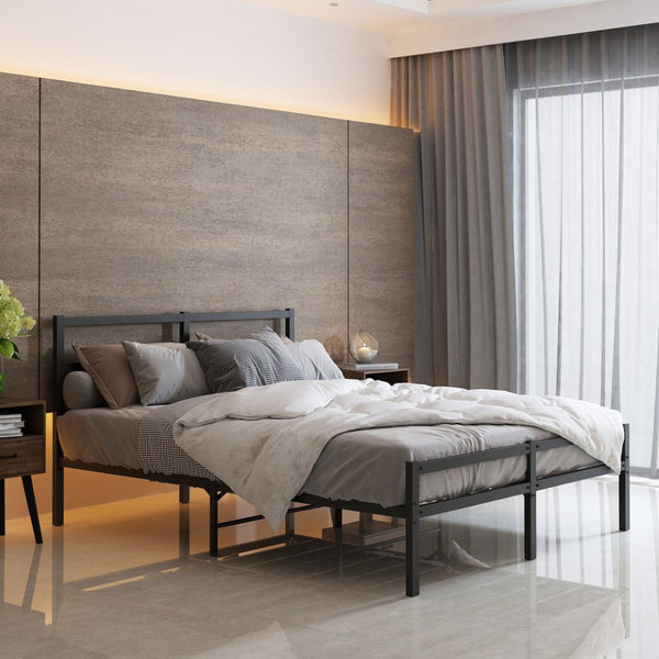 English Elm Metal Platform Bed with Wave Wood Headboard Heavy Duty Iron Frame No Box Spring W578107709