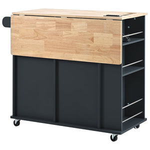 English Elm Kitchen Island Cart with Drop Leaf Power Outlet Rubberwood Top Wine Rack Rolling Black WF305556AAB