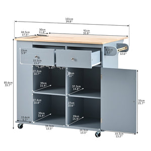 English Elm Kitchen Island Cart with Drop Leaf Power Outlet Rubberwood Top Wine Rack Rolling Blue WF305556AAG