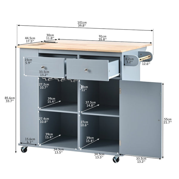 English Elm Kitchen Island Cart with Drop Leaf Power Outlet Rubberwood Top Wine Rack Rolling Blue WF305556AAG