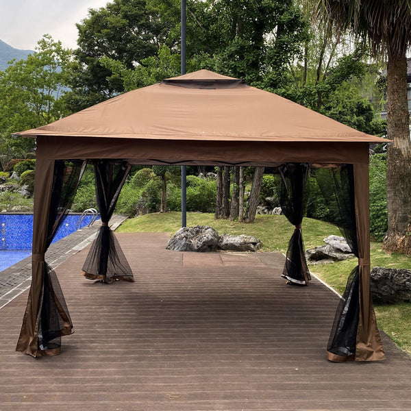 English Elm Outdoor 11x11 Ft Gazebo Canopy with Double-Tier Ventilated Roof, Removable Mesh, Sandbags Brown W419104362