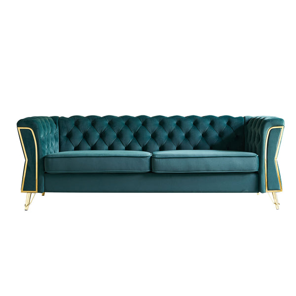 English Elm Modern Tufted Velvet Sofa 87.4" Green — Mid-Century Luxe, Gold Frame Accent, High-Density Foam Comfort W579S00048