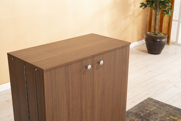 English Elm Origamy 3 Tier Shoe Storage Rack with Sturdy Wood Frame, Compact 27x36x10 Design for Organized Entryway Walnut B029119354