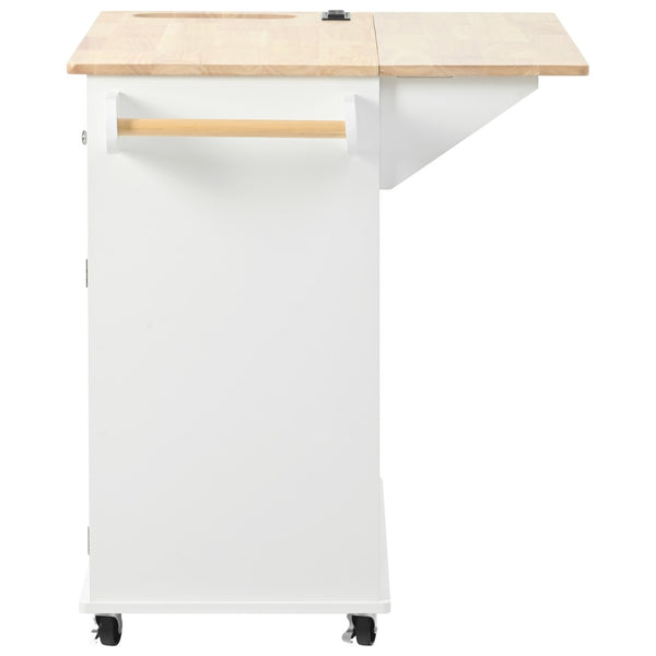 English Elm Kitchen Island Cart with Drop Leaf Power Outlet Rubberwood Top Wine Rack Rolling White WF305556AAW
