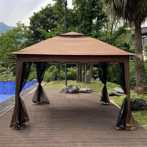 English Elm Outdoor 11x11 Ft Gazebo Canopy with Double-Tier Ventilated Roof, Removable Mesh, Sandbags Brown W419104362