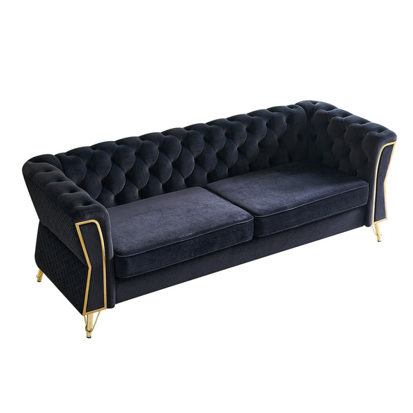 English Elm Modern Tufted Velvet Sofa with Gold Accent Frame and Diamond-Seam Arms, Plush Mid-Century Lounge Elegance Black W579107799