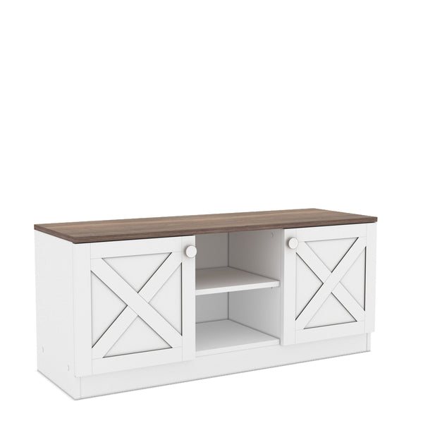 English Elm Costal Wood Base 2 Cupboards Vintage TV Stand White – Rustic Coastal Storage Console 59" Long Durable Wood Design B029119349
