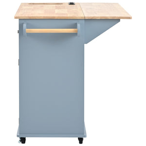 English Elm Kitchen Island Cart with Drop Leaf Power Outlet Rubberwood Top Wine Rack Rolling Blue WF305556AAG