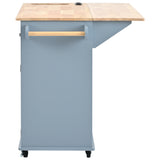 English Elm Kitchen Island With Power Outlet,Kitchen Storage Island With Drop Leaf and Rubber Wood,Open Storage and Wine Rack,5 Wheels,With Adjustable Storage For Home, Kitchen, and Dining Room, Grey Blue