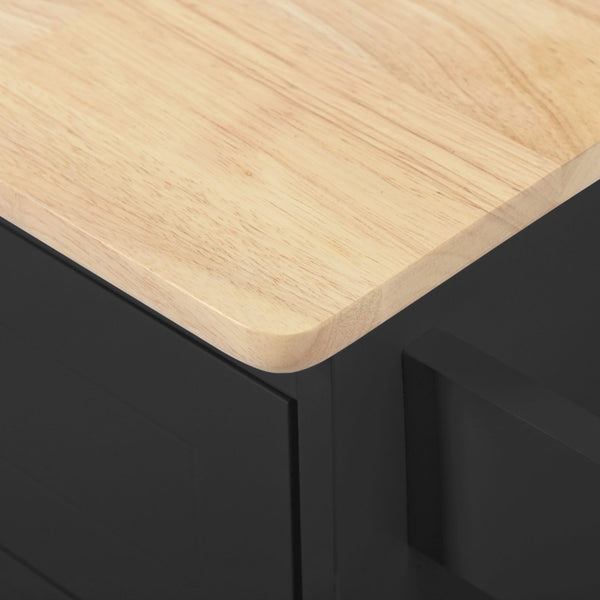 English Elm Kitchen Island Cart with Drop Leaf Power Outlet Rubberwood Top Wine Rack Rolling Black WF305556AAB