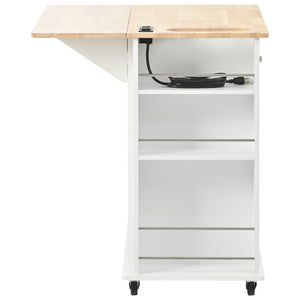 English Elm Kitchen Island Cart with Drop Leaf Power Outlet Rubberwood Top Wine Rack Rolling White WF305556AAW