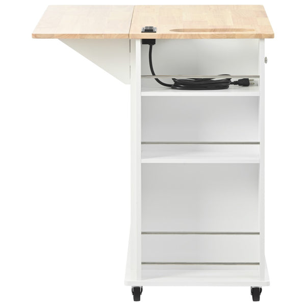 English Elm Kitchen Island Cart with Drop Leaf Power Outlet Rubberwood Top Wine Rack Rolling White WF305556AAW