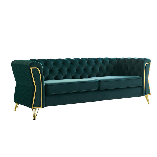 English Elm Modern Tufted Velvet Sofa 87.4" Green — Mid-Century Luxe, Gold Frame Accent, High-Density Foam Comfort W579S00048