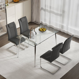 English Elm Table Glass Dining Set With 4 Grey Pu Chairs - Modern Minimalist Design For Stylish Dining Spaces W1151S03931-GIGA