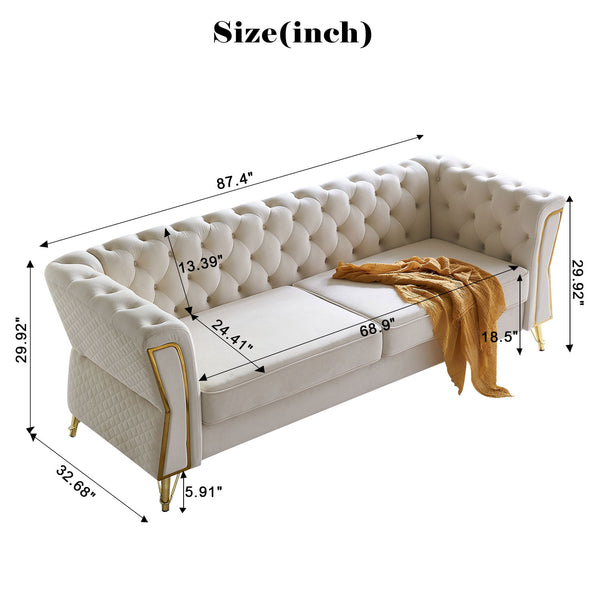 English Elm Modern Tufted Velvet Sofa with Gold Accent Frame and Diamond-Seam Arms, Plush Mid-Century Lounge Elegance Beige W579107798
