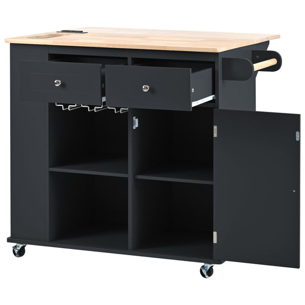 English Elm Kitchen Island Cart with Drop Leaf Power Outlet Rubberwood Top Wine Rack Rolling Black WF305556AAB
