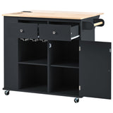 English Elm Kitchen Island With Power Outlet,Kitchen Storage Island With Drop Leaf and Rubber Wood,Open Storage and Wine Rack,5 Wheels,With Adjustable Storage For Home, Kitchen, and Dining Room, Black