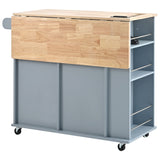 English Elm Kitchen Island With Power Outlet,Kitchen Storage Island With Drop Leaf and Rubber Wood,Open Storage and Wine Rack,5 Wheels,With Adjustable Storage For Home, Kitchen, and Dining Room, Grey Blue