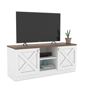 English Elm Costal Wood Base 2 Cupboards Vintage TV Stand White – Rustic Coastal Storage Console 59" Long Durable Wood Design B029119349