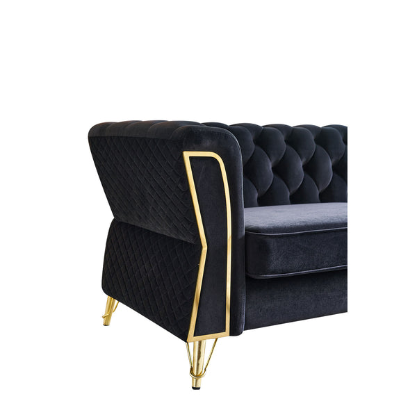English Elm Modern Tufted Velvet Sofa with Gold Accent Frame and Diamond-Seam Arms, Plush Mid-Century Lounge Elegance Black W579107799