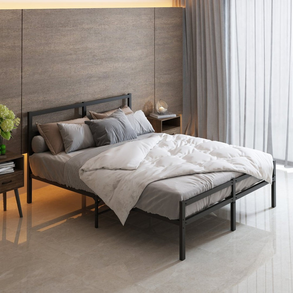 English Elm Metal Platform Bed with Wave Wood Headboard Heavy Duty Iron Frame No Box Spring W578107709