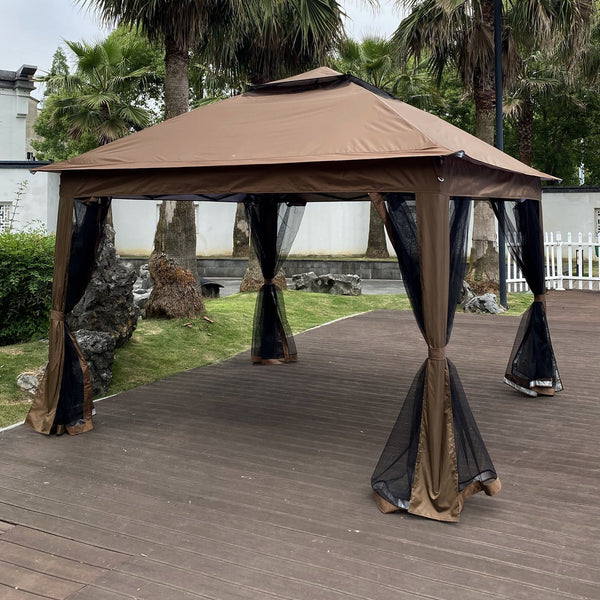 English Elm Outdoor 11x11 Ft Gazebo Canopy with Double-Tier Ventilated Roof, Removable Mesh, Sandbags Brown W419104362