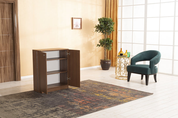 English Elm Origamy 3 Tier Shoe Storage Rack with Sturdy Wood Frame, Compact 27x36x10 Design for Organized Entryway Walnut B029119354