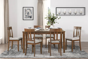 English Elm Transitional Prineville 7pc Cherry Dining Set with Acacia Veneer, Beige Upholstered Side Chairs, Classic Appeal B011119345