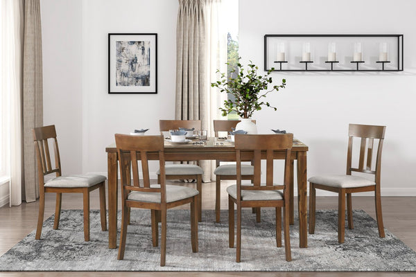 English Elm Transitional Prineville 7pc Cherry Dining Set with Acacia Veneer, Beige Upholstered Side Chairs, Classic Appeal B011119345