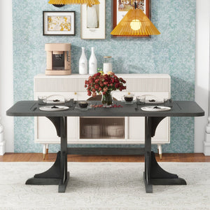 English Elm Trexm Ash Veneer Dining Table Seats 6 with Curved Rubberwood Legs Retro Farmhouse WF306388AAE