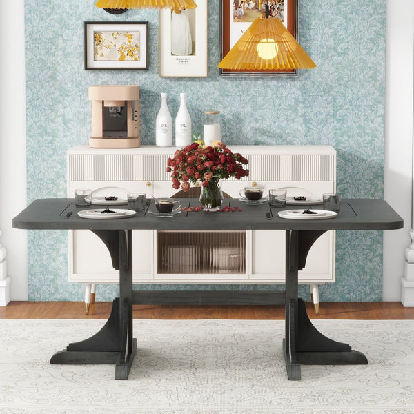 English Elm Trexm Ash Veneer Dining Table Seats 6 with Curved Rubberwood Legs Retro Farmhouse WF306388AAE