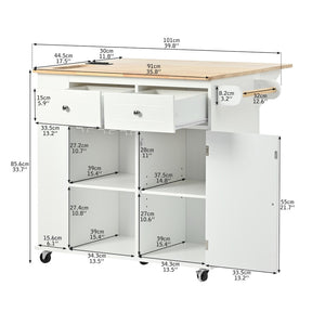 English Elm Kitchen Island Cart with Drop Leaf Power Outlet Rubberwood Top Wine Rack Rolling White WF305556AAW