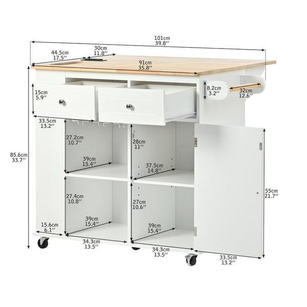 English Elm Kitchen Island Cart with Drop Leaf Power Outlet Rubberwood Top Wine Rack Rolling White WF305556AAW