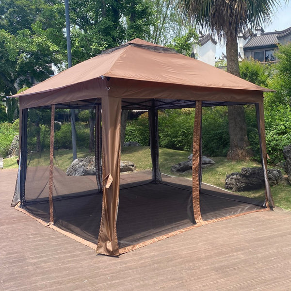 English Elm Outdoor 11x11 Ft Gazebo Canopy with Double-Tier Ventilated Roof, Removable Mesh, Sandbags Brown W419104362