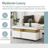 English Elm Contemporary Coffee Table With Faux Marble Top, Rectangle Cocktail Table With Caster Wheels, Moderate Luxury Center Table With Gold Metal Bars For Living Room, White