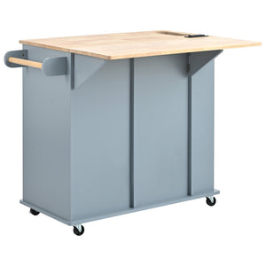 English Elm Kitchen Island Cart with Drop Leaf Power Outlet Rubberwood Top Wine Rack Rolling Blue WF305556AAG