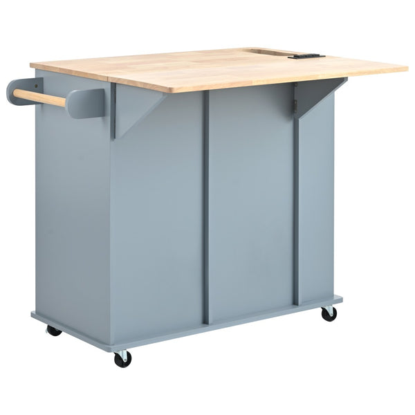 English Elm Kitchen Island Cart with Drop Leaf Power Outlet Rubberwood Top Wine Rack Rolling Blue WF305556AAG