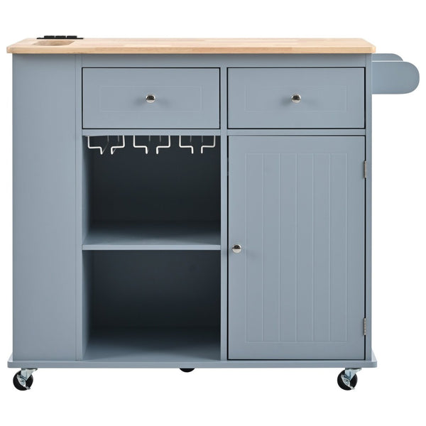 English Elm Kitchen Island Cart with Drop Leaf Power Outlet Rubberwood Top Wine Rack Rolling Blue WF305556AAG